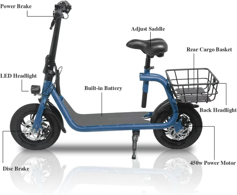 SEHOMY Electric Scooter Adults with Seat, Portable Scooters for Adults 15.5MPH , Foldable 450W Motor Battery E-Scooter Basket, 265lbs Max Load Electronic