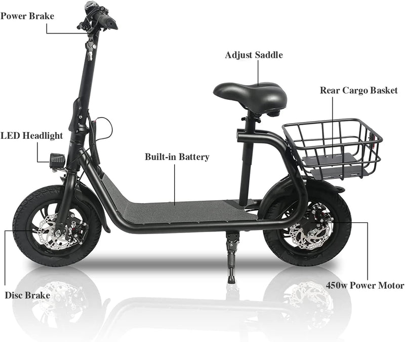 SEHOMY Electric Scooter Adults with Seat, Portable Scooters for Adults 15.5MPH , Foldable 450W Motor Battery E-Scooter Basket, 265lbs Max Load Electronic