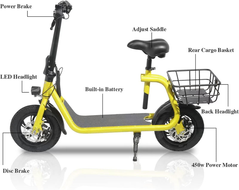 SEHOMY Electric Scooter Adults with Seat, Portable Scooters for Adults 15.5MPH , Foldable 450W Motor Battery E-Scooter Basket, 265lbs Max Load Electronic